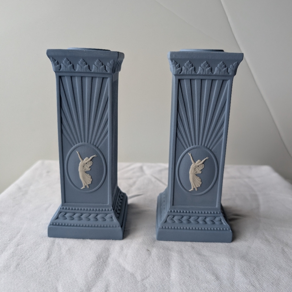 Wedgwood Jasperware Lavender Pale Blue Dancing Hours Column Candlesticks - 2